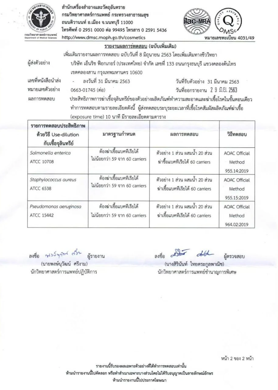 ผลทดสอบฆ่าเชื้อแบคทีเรีย 60 สายพันธ์ ตาย 60 สายพันธ์